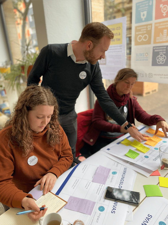 2 Personen sitzen eine Person steht dahinter. Alle schauen auf den Tisch und Arbeiten am Projekt.
